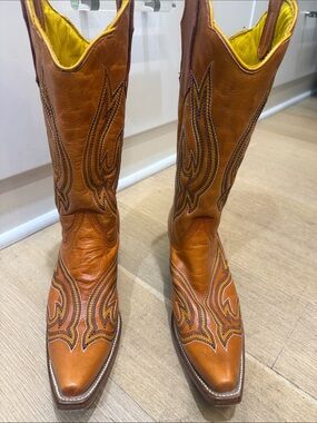 Planet Cowboy Tan Leather Cowboy Boots with Yellow Lining